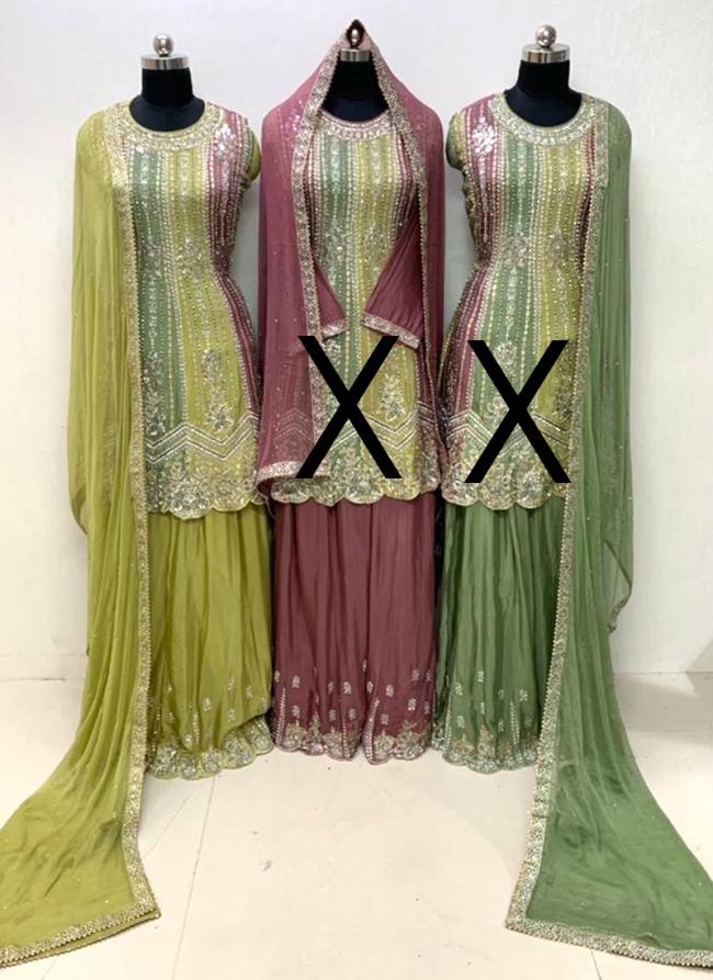 Chiffon Olive Green Wedding Wear Hand Work Readymade Palazzo Suit